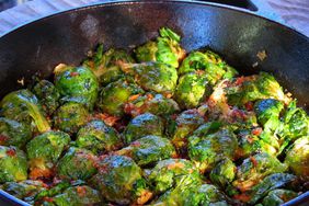 close up view of Brussels Sprouts in a pan