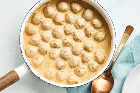 overhead view of meatballs served with a Swedish Meatball sauce served in a saucepan