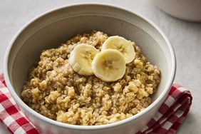 looking at a bowl of maple and brown sugar oatmeal, topped with a few banana slices