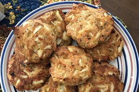 overhead view of crab cakes on a platter