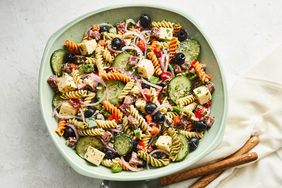 overhead view of Pasta Salad with homemade dressing served in a large bowl