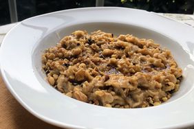 Peanut butter oatmeal in white plate