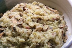 close up view of Creamy Keto Cauliflower Risotto with mushrooms in a bowl