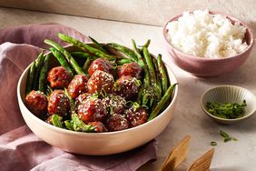 Hoisin-glazed meatballs served with green beans and steamed rice. 