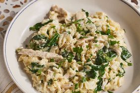 very close up on a plate of one pot lemon chicken orzo