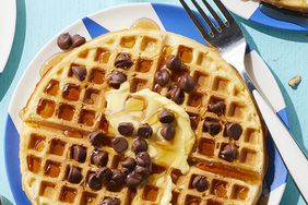 waffles with butter, syrup, and chocolate chips