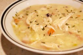 close up view of a bowl with Super Easy Chicken and Dumplings