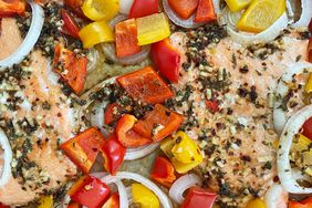 close up view of Sheet Pan Salmon with Bell Peppers and onions