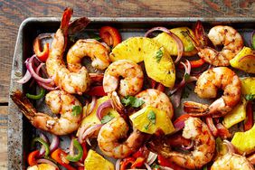 shrimp, pineapple, onion, and peppers roasted on a sheet pan